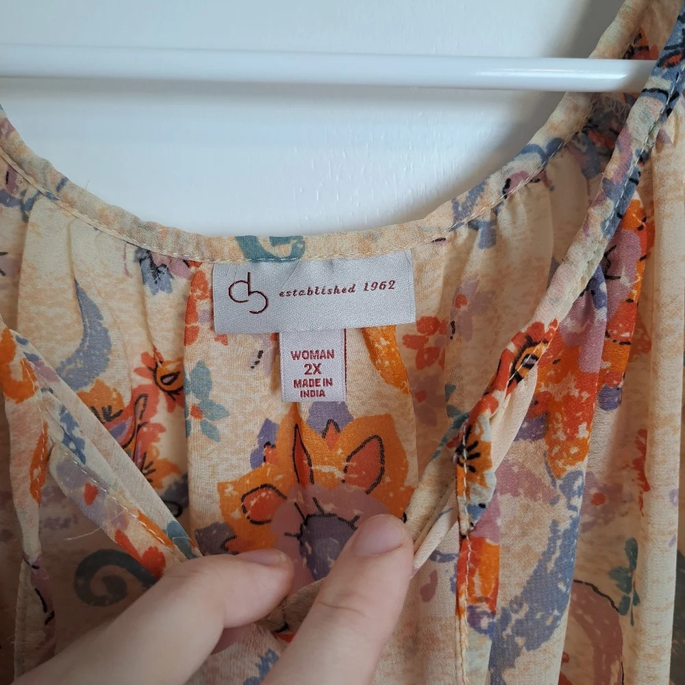 db Cream Orange Floral 3/4 Sleeve Crochet Scalloped Hem Sheer Fairy Top Sz 2X - Picture 5 of 7